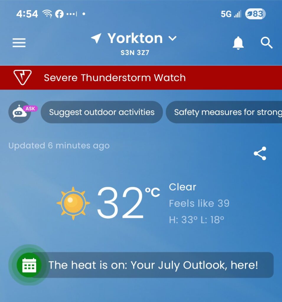 A screen capture of a weather forecast showing hot weather